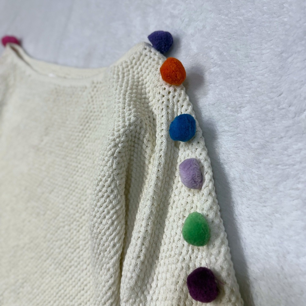 Anthropologie S Emilia Pom Sweater Textured Knit Cream Rainbow Pride Whimsy $120 - Picture 5 of 7
